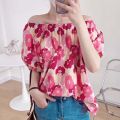 Large Flower Floral-Print off-Shoulder Top Women's Summer Korean Style Fashion Shirt Casual Shirt New Girl Sweet and Spicy.