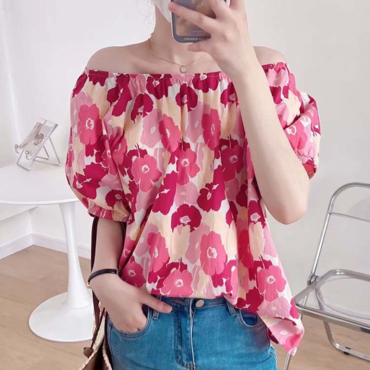 Large%20Flower%20Floral-Print%20off-Shoulder%20Top%20Women's%20Summer%20Korean%20Style%20Fashion%20Shirt%20Casual%20Shirt%20New%20Girl%20Sweet%20and%20Spicy%20-%20Image%203