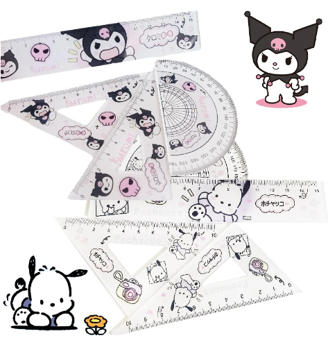 4 Pcs/set Sanrioed Kuromi Pochacco Straight Ruler Protractor Students Math Geometry Triangle Rulers Set Kawaii Stationery