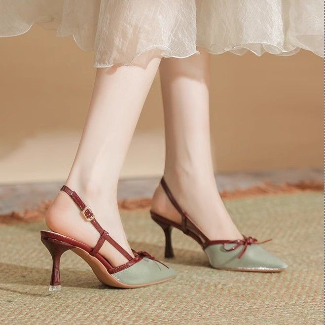 Qiaoqi Silver Closed Toe Sandals Women's Pointed Stiletto Heel High Heels 2024 Summer New Bow Color Matching Back Open Shoes