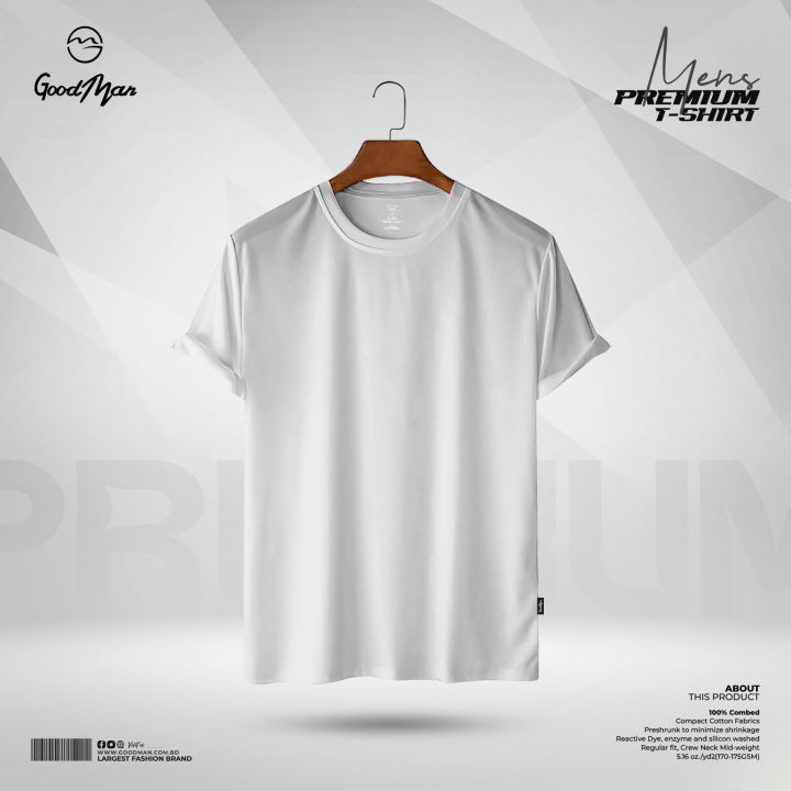 GoodMan Premium Quality White Color Solid Cotton Short Sleeve T Shirt for Men.