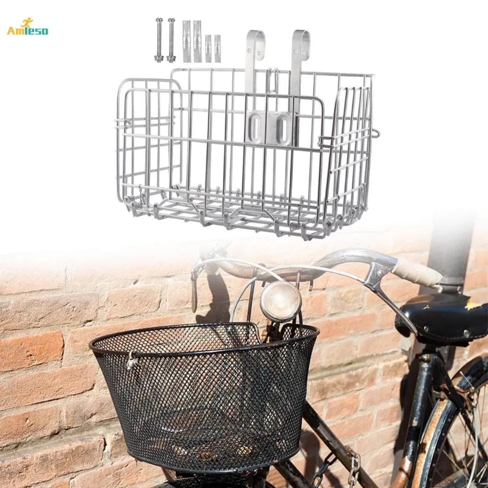 Folding Bike Front Basket Bike Wire Basket with Handles, Easy Installation  on Front Handlebar for Bike Accessories Frame Basket Bag Cargo Rack