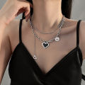 Trendy Punk Mosaic Pixel Double Layer Necklace Charm Gothic Clavicle Chain Metal Black Heart Pendant Necklace for Women Girls Party Jewelry Gift.