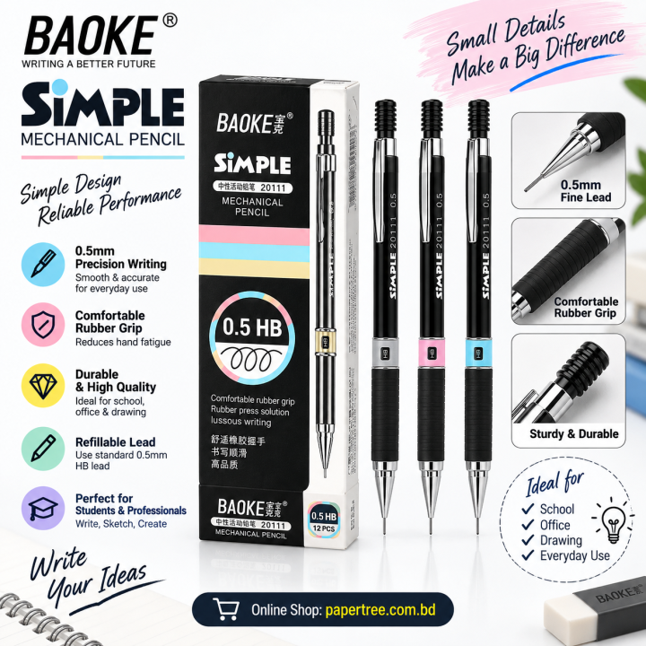 BAOKE Simple Mechanical Pencil 0.5mm HB Lead for Writing & Drawing