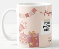 Customize Happy Birthday White Ceramic Mug With Your Photo, Name and Date of Birth. 