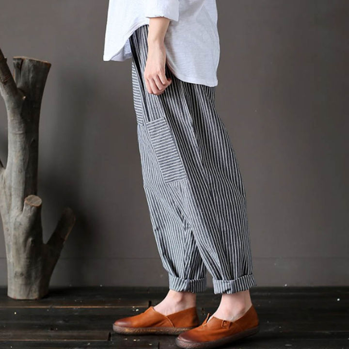 Oversize%20Women%20Striped%20Pants%20Elastic%20Waist%20Cotton%20Linen%20Pantalon%20Loose%20Long%20Harem%20Trousers%20Casual%20Baggy%20Streetwear%20-%20Image%205