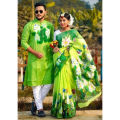 Hand Printed Gorgeous Couple Set Half Silk Saree And Dhupiyan Cotton Panjabi - Comfortable and Suitable for All Occasions. 
