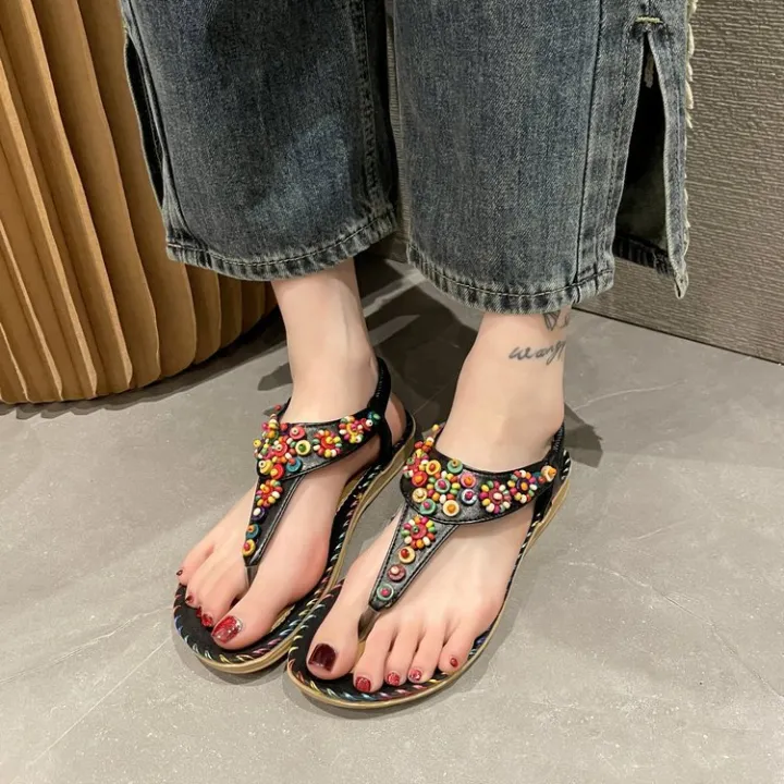 Sandals%20Women's%202023%20New%20Women's%20Shoes%20Spring%20Bohemian%20Clip%20Foot%20Flat%20Sandals%20Women's%20Beaded%20Beach%20Shoes%20Women's%20Korean%20Version%20-%20Image%202