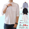 OTAKU Polo For Men Cotton Linen Chinese Collar 4/3 Sleeve Men Shirt Stand Collar Casual Polo Shirt. 