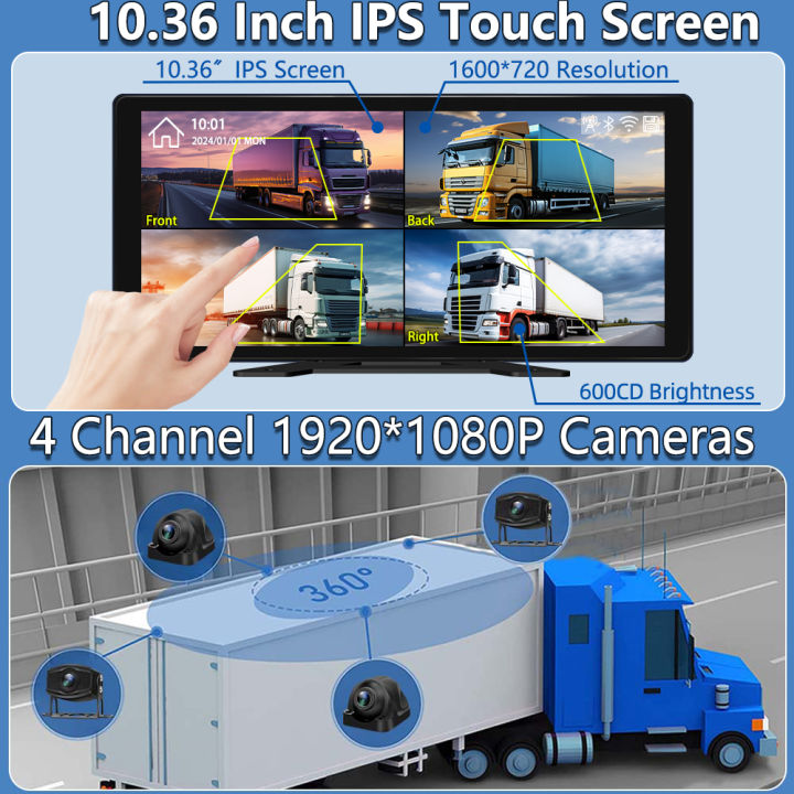 10.36%20Inch%20Bus%20Truck%20DVR%20With%20CarPlay/%20Android%20Auto,%204-Channel%201080P%20AHD%20Camera%20Recorder%20BSD%20Alarm%20WiFi%20APP%2024H%20Parking%20Monitor%20-%20Image%202
