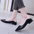 Women Pumps Shoes Office Lady Med Square Heel Pointy Toe Slip On Work Shoes Classic Heel 4 cm. 