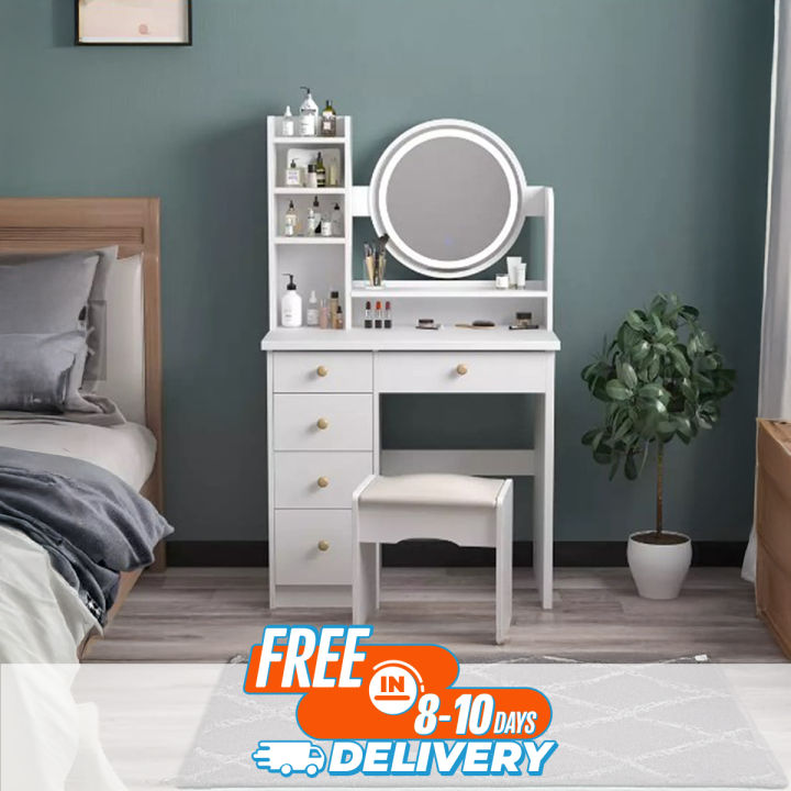 Vanity%20Desk%20with%20Round%20Shape%20Mirror,%20Makeup%20Vanity%20%20DressingTable%20Set%205%20Storage%20Drawers%20with%20Stool%20and%20Divided%20Organizers,%20Dressing%20Table%20for%20Women%20Girls,%20Glossy%20White%2050/36%20-%20Image%202