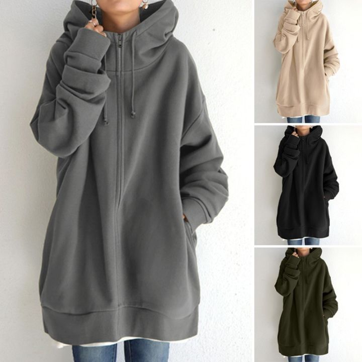 Women Zipper Long Jacket Coat Casual Loose Solid Color Outerwear Hoodies Ladies Long Sleeve Pocket Hooded Sweatshirt Overcoat Daraz .bd