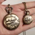 Zodiac large watch, stylish creative embossed vintage bronze pocket watch with chain flap, small quartz watch.