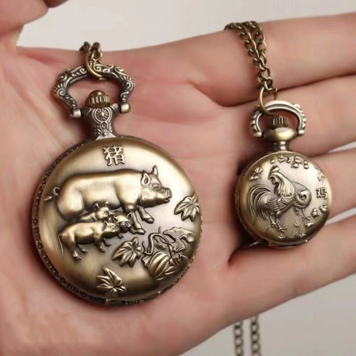 Zodiac large watch, stylish creative embossed vintage bronze pocket watch with chain flap, small quartz watch