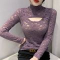 New Fashion Long Sleeve Lace Personality Hollow-out Slim Fit Slimming Versatile Half-High Collar Bottoming Shirt Women's Fashion.