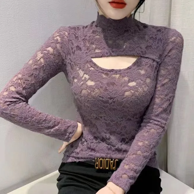 New%20Fashion%20Long%20Sleeve%20Lace%20Personality%20Hollow-out%20Slim%20Fit%20Slimming%20Versatile%20Half-High%20Collar%20Bottoming%20Shirt%20Women's%20Fashion%20-%20Image%202