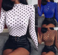 Women Blouses Mesh Polka Dot Print Shirts For Woman Long Sleeve Tops Ladies Blouses Slim Women Casual Blouse Shirt Tops. 