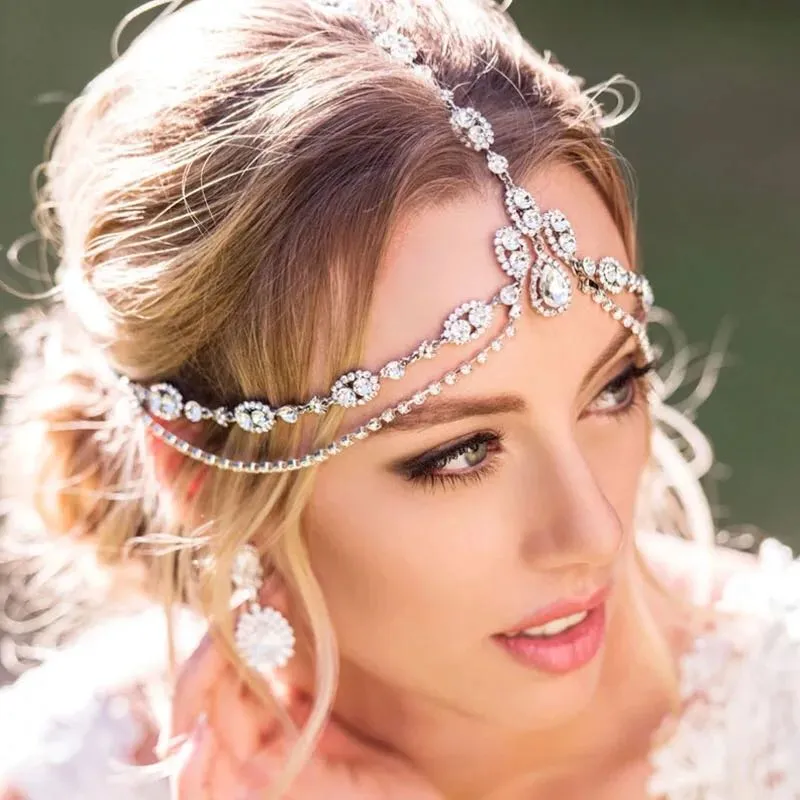 Crystal Forehead Headband Wedding Bridal Hair Chain Headpiece for Women  Rhinestone Waterdrop Head Chain Headwear Hair Jewelry