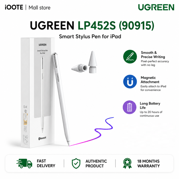 UGREEN LP452S (90915) Smart Stylus Pen for iPad with Magnetic Attachment & Palm Rejection | 18 Months Warranty