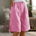 Fashion Solid Color Pants Pocket Button Up Capris Elastic Waist Loose Cotton Linen Women's Shorts.