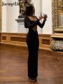 Jacqueline 2022 Cut Out Bodycon Maxi Dress Women Long Sleeve Square Neck Basic Elegant Party Dresses Summer Black Robe Club. 