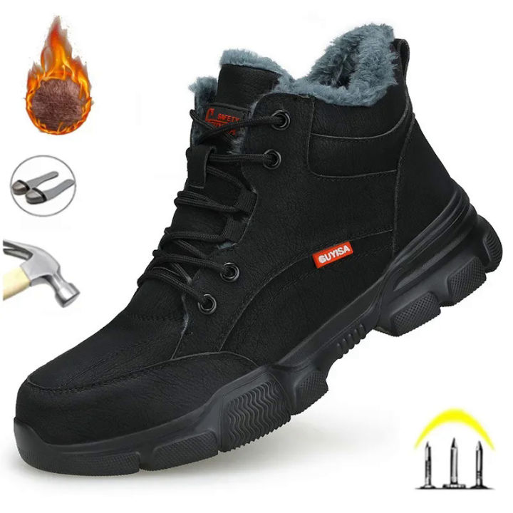 【selevn roind】 Black Leather Winter Plush Safety Work Boots For Men Waterproof Anti Nail Pressure Labor Shoes Indestructible Steel Toe Footwear