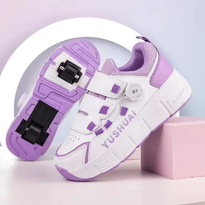 Kids 2-Wheel Roller Skate Shoes With Rotating Buckle Children Deformation Parkour Runaway Boy Girl Gift Blade Flying Sneakers