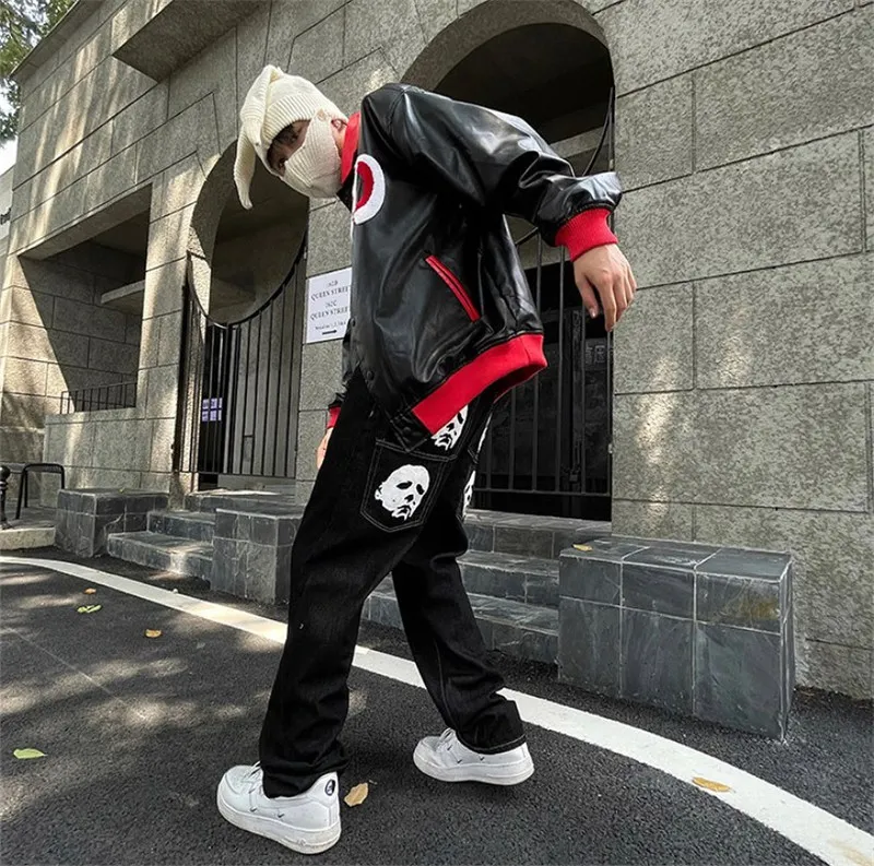 Hip Hop Printed Jeans Men Baggy Black Denim Trousers Straight