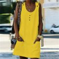 Womens Pocket Dress Beach Cotton Linen Ladies Sleeveless Summer UK Dresses.