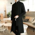 Trench Coat Men two Pieces Cardigan Kimono Embroidered Coat Male Long Chinese Style Black Loose Vintage Cotton Linen Jacket. 