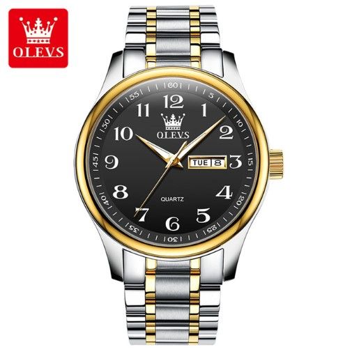 "Olevs 5567 Silver & Golden Two Tone Stainless Steel Analog Wrist Watch For Men - Black & Silver & Golden "