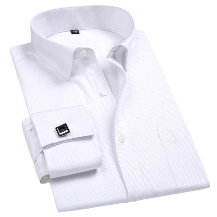 2023 Men French Cuff Dress Shirt Cufflinks New White Long Sleeve Casual Buttons Male Brand Shirts Regular Fit Clothes