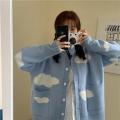 Spring and Autumn Korean Style ins Sweet Blue Sky and White Clouds Knitted Cardigan for Women Idle Style Loose round Neck Student Sweater Coat. 
