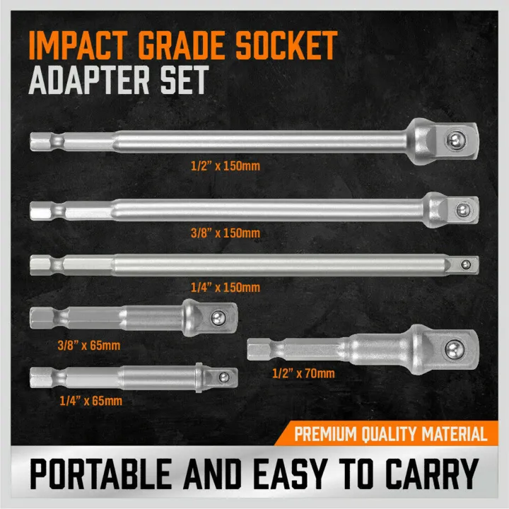 6Pcs%206''%20&%203''%20Impact%20Grade%20Socket%20Adapter%20Set%201/4''%203/8''%201/2''%20Drive%201/4''%20Hex%20Shank%20-%20Image%203