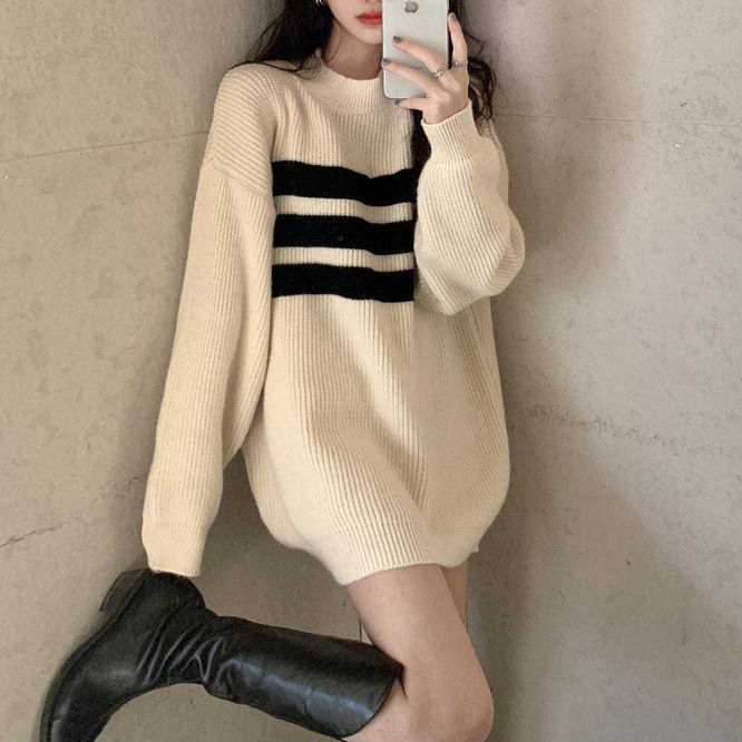 Autumn New 2023 Striped Sweater Mid-Length Korean Style Pullover Small Knitted Inner Match Bottoming Skirt Women's Autumn and Winter