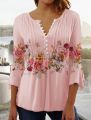V-neck Printed Button Waist Cropped Top T-shirt Women Shirt Casual Loose Long-sleeved Shirt Elegant Printed Temperament Tops. 