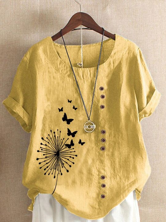 Women%20's%20Summer%20Dandelion%20Butterfly%20Printed%20Short%20Sleeve%20Round%20Neck%20T-shirt%20Ladies%20Casual%20Linen%20Shirts%20Plus%20Size%20%20Tops%20-%20Image%205