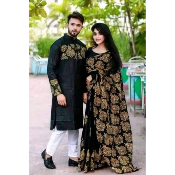 Exclusive%20Designer%20Block%20Print%20Half%20Silk%20Saree%20&%20Dhupian%20Silk%20Panjabi%20Combo%20for%20Couple%20-%20Stylish%20&%20Fashionable%20Ensemble%20-%20Image%202