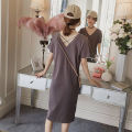 Korean Style Women Cozy Dress Short Sleeve Front Back V Neck Design Back Straps Crossing Solid Color Loose Simple Casual T-Shirt Dress.