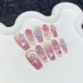 10Pcs Gradient Candy Color Press On Nails Handmade Nails With 3D Star Moon Rhinestone Design Full Cover Wearable Nail Tips.