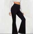 Rib High Waist Flare Pant made by stretchable ribbed cotton fabric. 