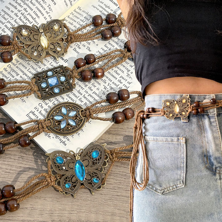 Bohemian Style Butterfly Rhinestone Woven Belt Handmade Wooden Bead Women's Belt Casual Vacation Style Waist Rope