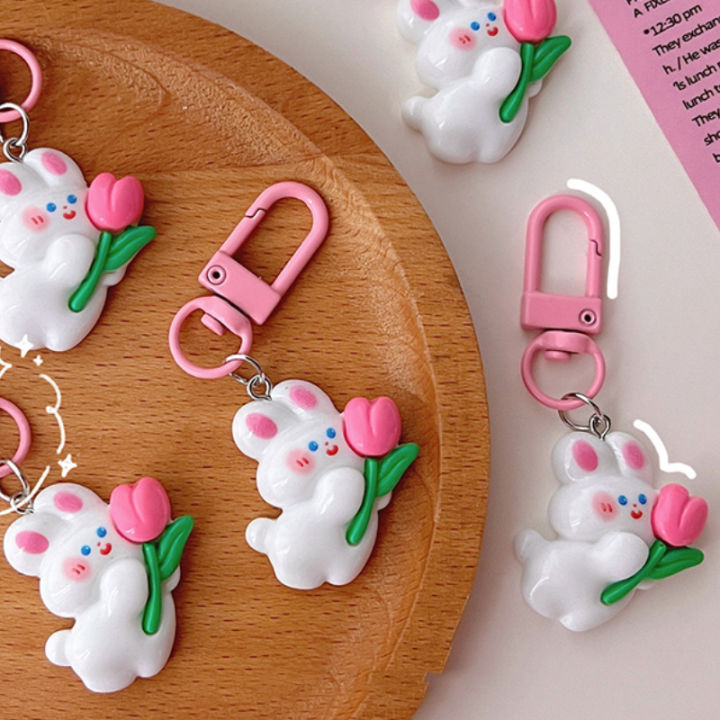 Funny Bunny Toy Store】Cute Tulip Keychain Lovely Pink Bunny Doll