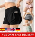1Day Ship Women 2 In 1 Running Short With Pocket Elastic Waist Running Yoga Sports Shorts Gym Fitness Workout Short Sportswear.