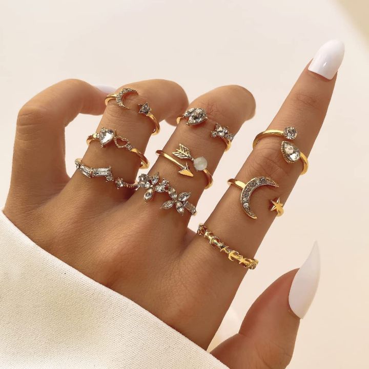 10Pcs/Set%20Trendy%20Sweet%20Crystal%20Leaf%20Flower%20Moon%20Star%20Opening%20Heart%20Rings%20Bohemian%20Women%20Rhinestone%20Jewelry%20Fashion%20Geometric%20Rings%20Set%20-%20Image%204
