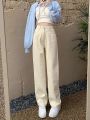 Off-White Micro Wide-Leg Jeans Women's High Waist Slimming Loose Apricot All-Match Draping Elastic Waist Student Black Pants.