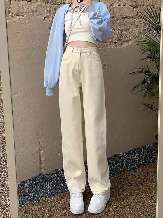 Off-White%20Micro%20Wide-Leg%20Jeans%20Women's%20High%20Waist%20Slimming%20Loose%20Apricot%20All-Match%20Draping%20Elastic%20Waist%20Student%20Black%20Pants%20-%20Image%209