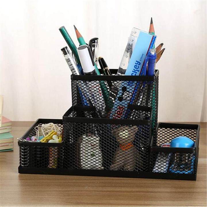 Metal Mesh Office Desktop Organizer Pen Pencil Box Stationery Holder Case Black -