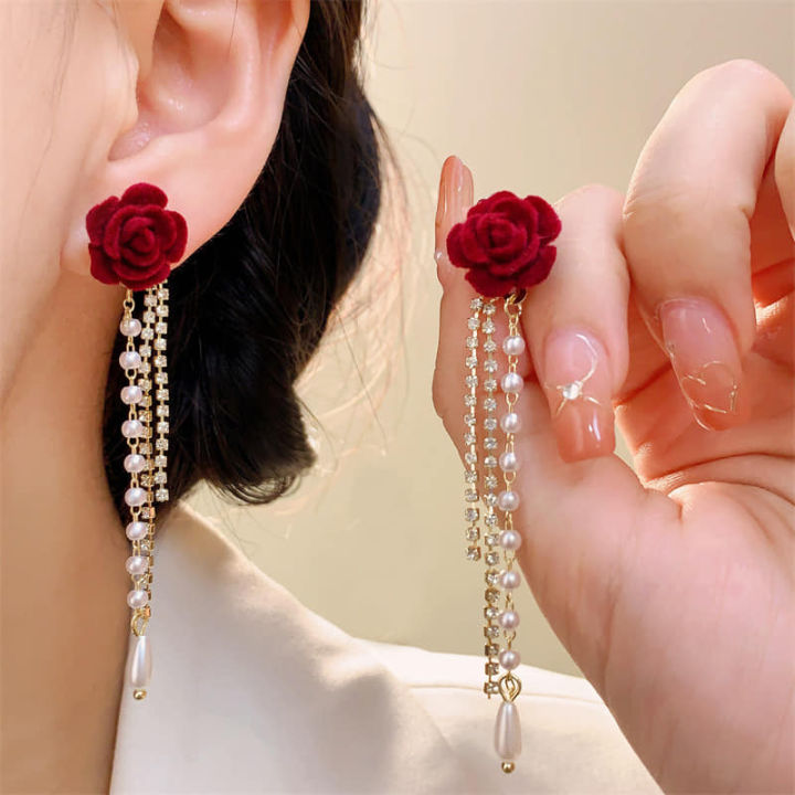Flower%20Pearl%20Chain%20Tassel%20Stud%20Earrings%20For%20Women%20-%20Image%202